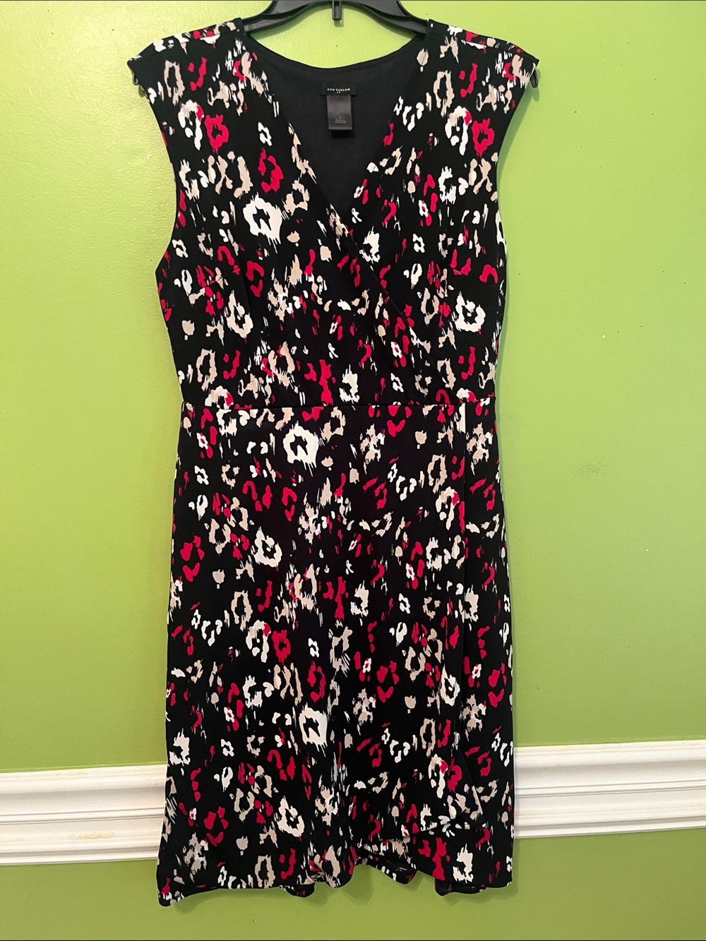 Ann Taylor Dress Navy Print V-Neck Faux Wrap